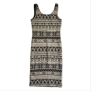 Maitai Geometric Print Small Midi Dress Black Creme White Scoop Neck Tank